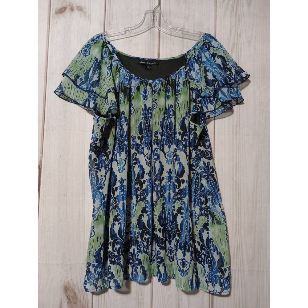 Lisa Josephs Womens 1X Blue Green Damask Flutter Sleeve Blouse 042441DX-7
